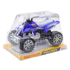 Fyrhjulsdriven terrängbil med mönstrade däck, blå.