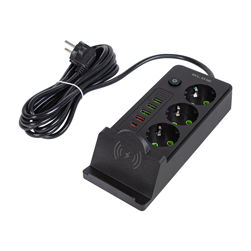 98-237 Nätdelar förlängningskabel ps-350u 3-uttag 4xusb+usb-pd 3m svart 3x1mm