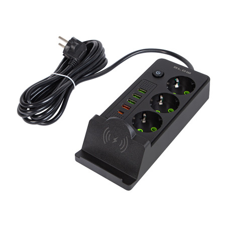 98-237 Nätdelar förlängningskabel ps-350u 3-uttag 4xusb+usb-pd 3m svart 3x1mm