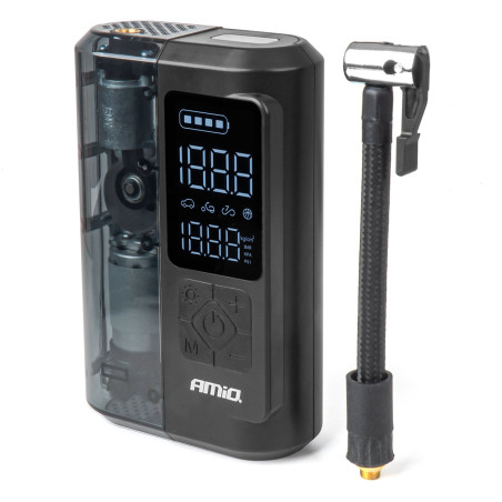 Trådlös bärbar bilkompressor med batteri, powerbank, LED-lampa och USB-C 40W amio-04378.