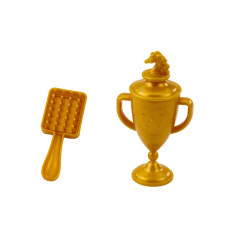 Häst med lång man, sadel, pokal, borste, tillbehör, vit