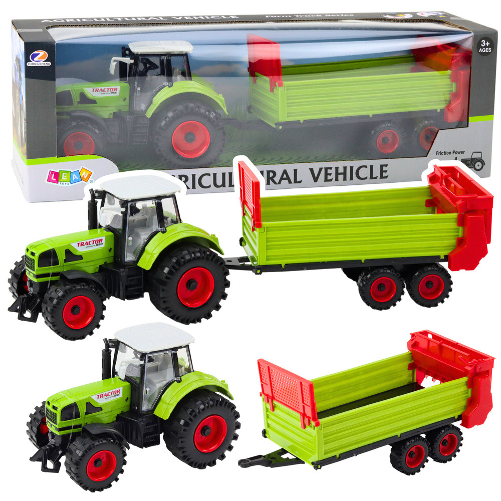 Traktor med släpvagn, friktionsdrift, öppningsbar motorhuv och dörrar, grön.