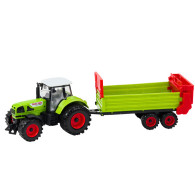 Traktor med släpvagn, friktionsdrift, öppningsbar motorhuv och dörrar, grön.