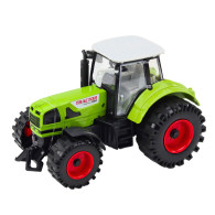 Traktor med släpvagn, friktionsdrift, öppningsbar motorhuv och dörrar, grön.
