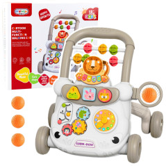 Interaktivt pedagogiskt gåstöd med klossar, klocka och kugghjul, grå.