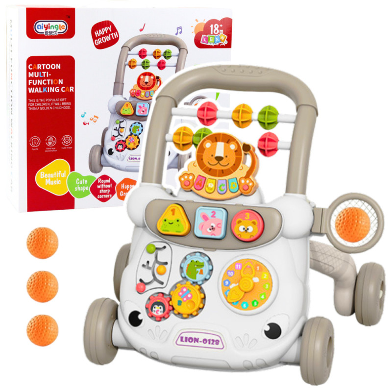 Interaktivt pedagogiskt gåstöd med klossar, klocka och kugghjul, grå.