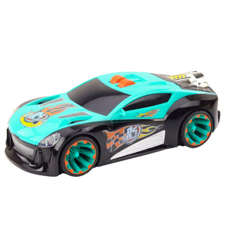 Racerbil med raketdrift, körning på bakhjul, ljus och ljud.