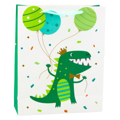 Presentpåse Dinosaurie med ballonger Vit Grön 32 x 26 x 10cm