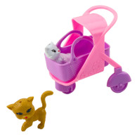 Minidocka med tillbehör, kattvagn, dockset, rosa docka.
