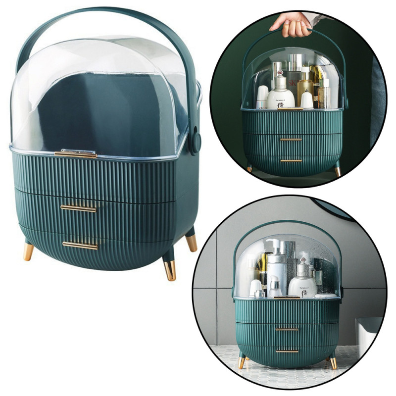 Organizator för kosmetika med öppningsbar transparent lock och två gröna lådor.