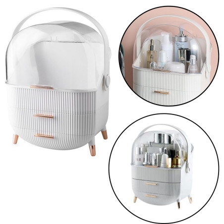 Organizer för kosmetika med öppningsbar transparent låda och två vita lådor