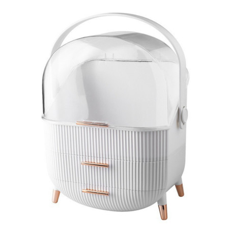 Organizer för kosmetika med öppningsbar transparent låda och två vita lådor