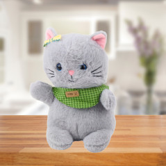 Mjuk Plyschmaskot Kramdjur Grå Katt Grön Halsduk Rosett 22cm