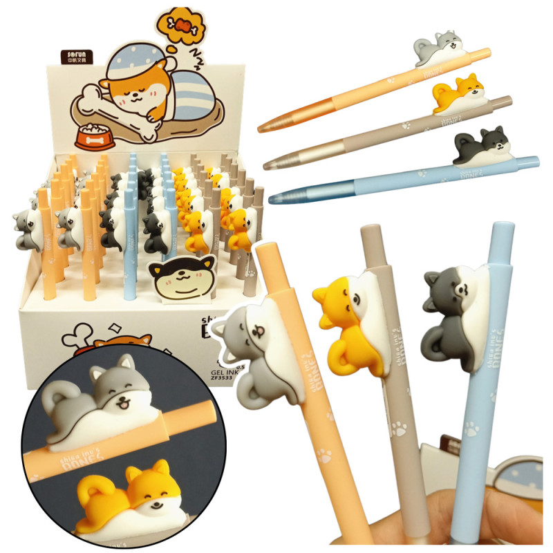 Kulspetspenna med en figur av en blå Shiba-hund, bläck 0,5 mm.