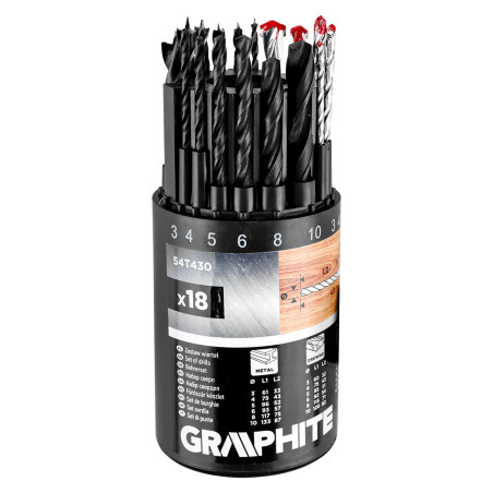 Ett set borr för metall, trä, tegel 3, 4, 5, 6, 8, 10 mm, 18 st.