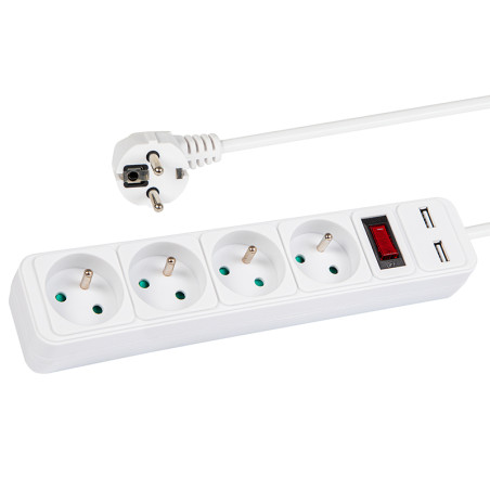 98-784 Förlängningskabel pr-470wspusb 4-uttag+usb med jordning+strömbrytare 3m vit 3x1,5mm