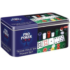 Set med 200 marker plus två kortlekar med 55 kort var för pro poker texas hold'em i burk.