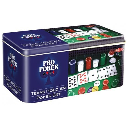 Set med 200 marker plus två kortlekar med 55 kort var för pro poker texas hold'em i burk.