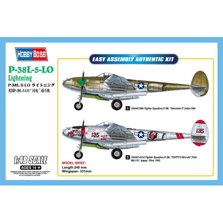 Modell av plast p-38l-5-l0 Lightning, amerikanskt stridsflygplan.