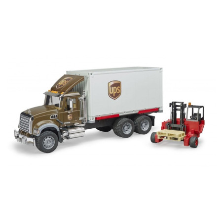 Fordonet Mack Granite med en container och en gaffeltruck. | HandlaSmidigt.se