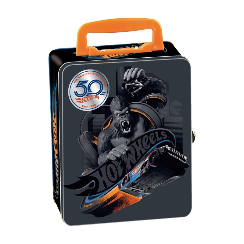En burk för att förvara 50 Hot Wheels-bilar