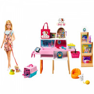 Set med en Barbie-docka butik-salong för husdjur