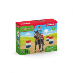 Set med cowboy- och hästfigurer och en hästkapplöpning runt tunnor i Farm World. | HandlaSmidigt.se