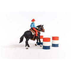 Set med cowboy- och hästfigurer och en hästkapplöpning runt tunnor i Farm World. | HandlaSmidigt.se