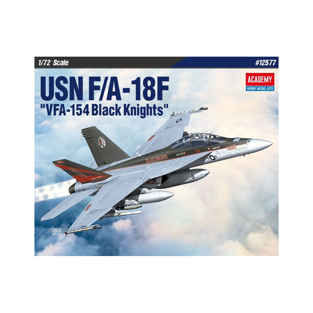 Modell av en plastflygplan USN FA-18F VFA-154 Black Knights i skala 1:72.