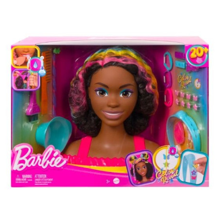 Barbie styling head neon rainbow curly hair