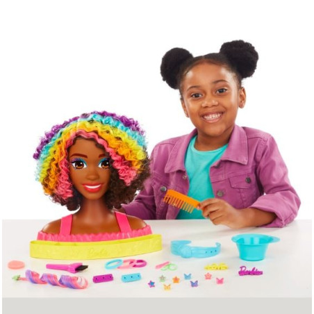Barbie styling head neon rainbow curly hair
