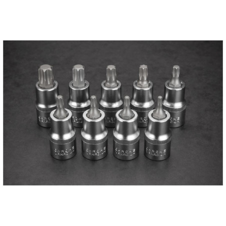 Torx-spetsar på en 55 mm hylsa, set med 9 stycken.