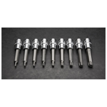 Torx-spetsar på en 100 mm hylsa, set med 9 stycken.