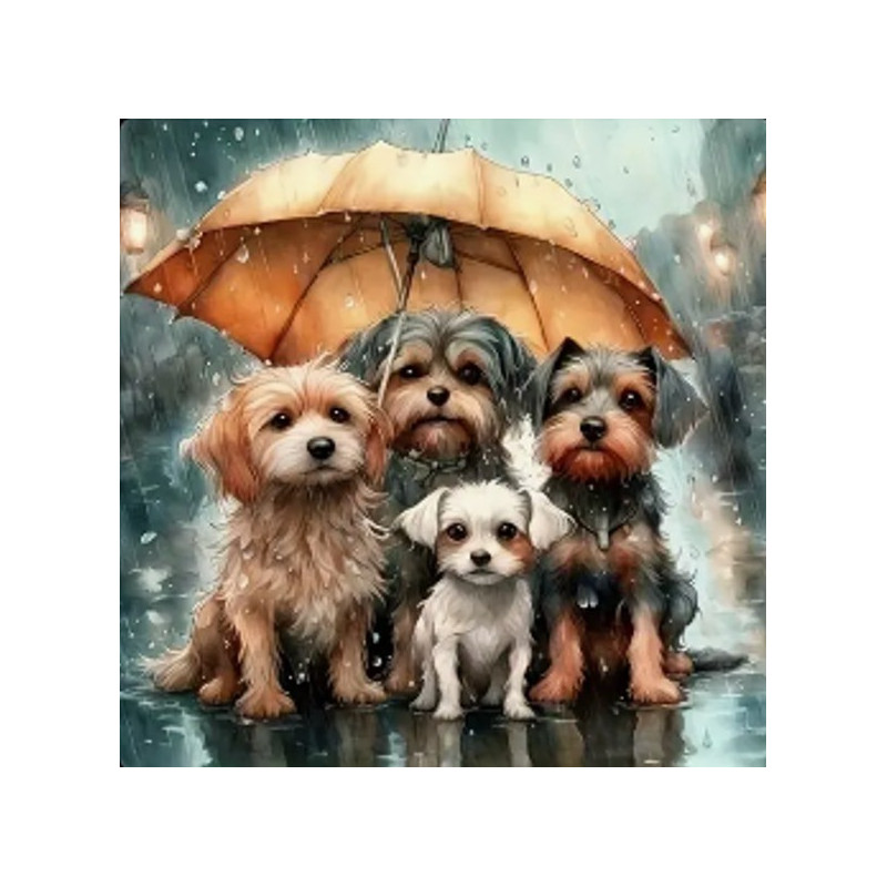 Diamantmosaik - hundfamilj under paraplyet