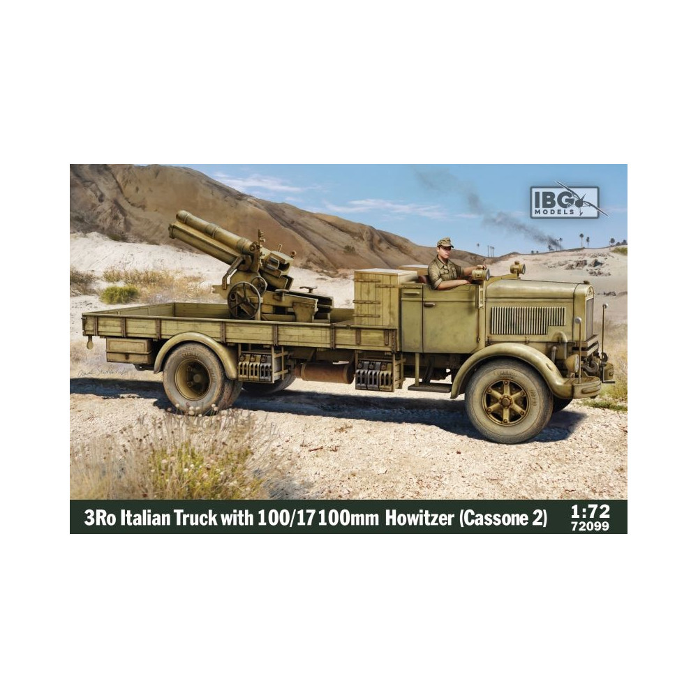 Modell av plastitaliensk lastbil med 10017 100 mm haubits i skala 1:72.