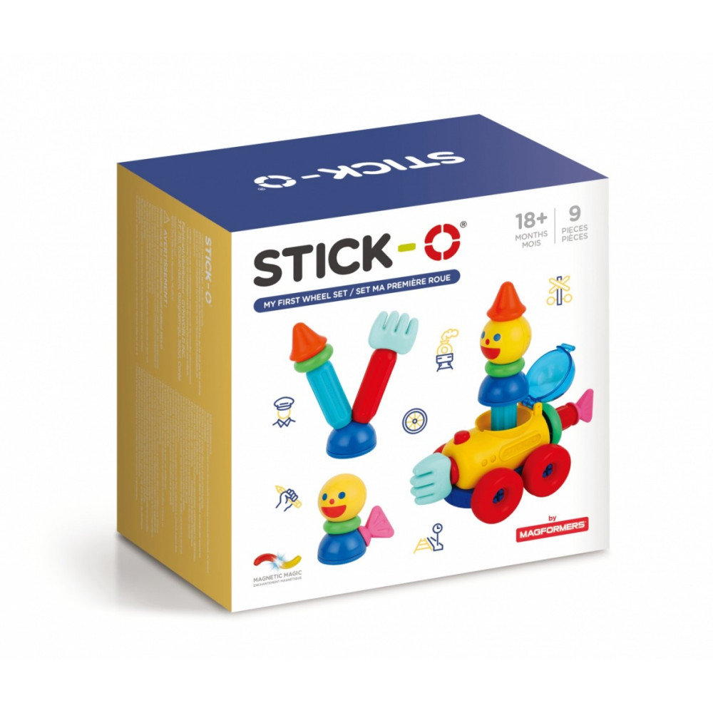 Magnetiska byggklossar Stick-O min första uppsättning med hjul 9 delar. Magnetiska byggklossar Stick-O min första uppsättning med hjul 9 delar.