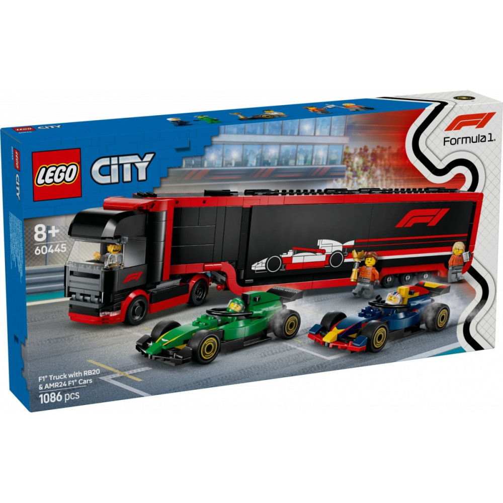 Klocki city 60445 f1 ciężarówka z bolidami rb20 i amr24 f1