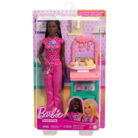 Barbiedocka med mörkt hår som är barnläkare.