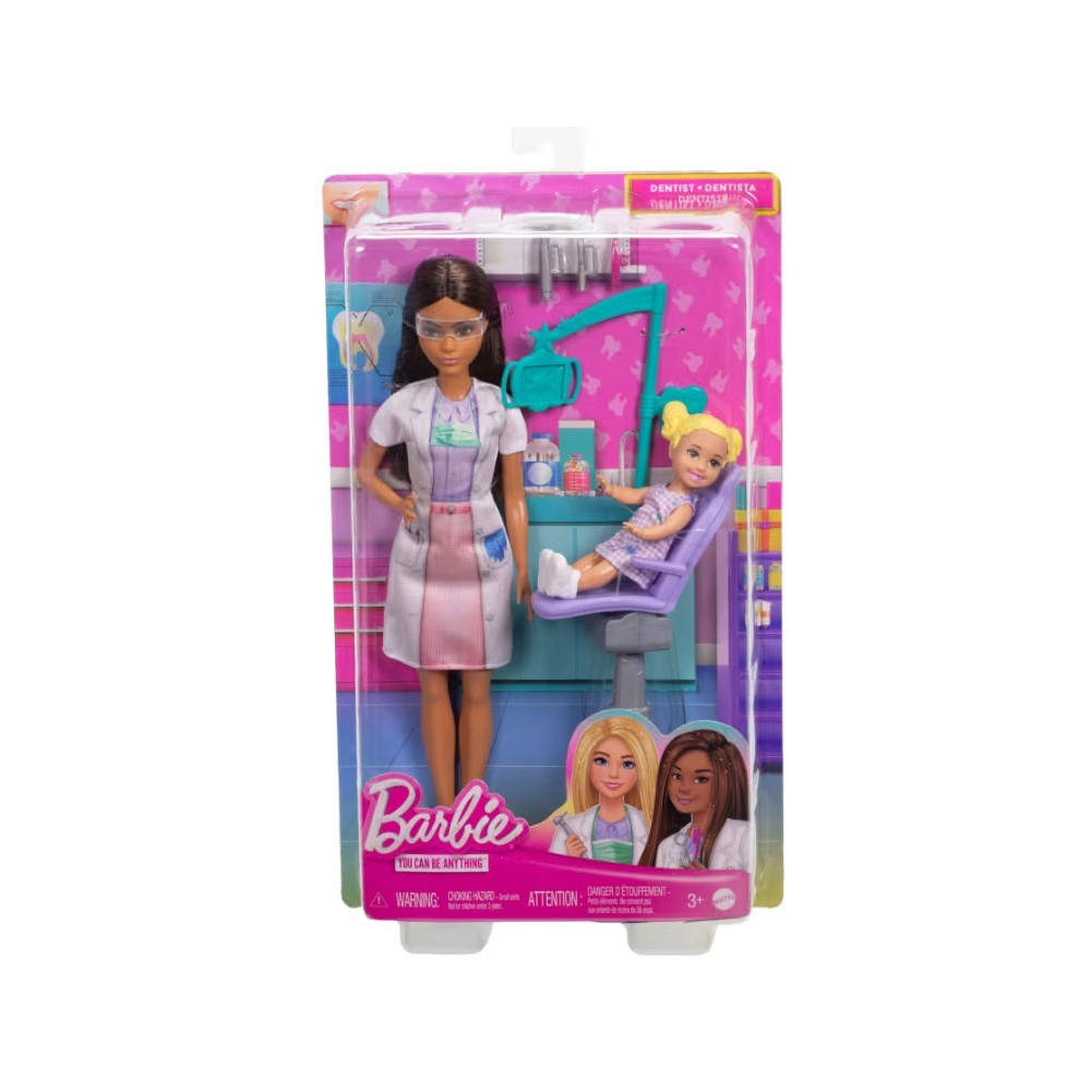 Barbie-dockan tandläkare med patient mörkt hår.