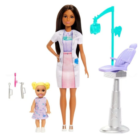 Barbie-dockan tandläkare med patient mörkt hår.