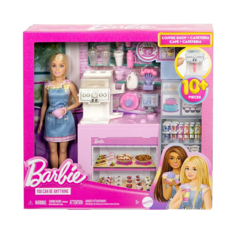 Set med Barbie barista docka kafé