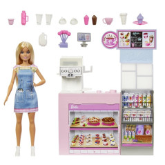 Set med Barbie barista docka kafé