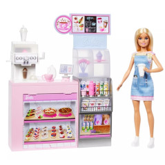 Set med Barbie barista docka kafé