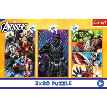 Pussel med 3x80 elementer fulle av actiondagar med Avengers.