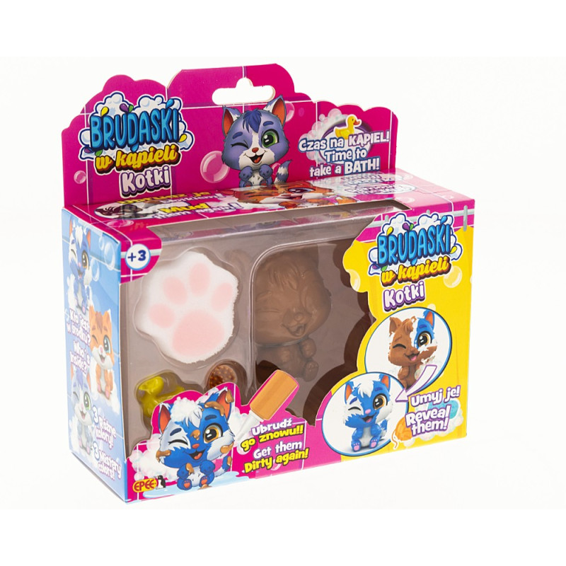 Figurine of a dirty cat in a bath, bonus set, candy. 

Please note that 'brudaski' is not a standard Polish word, so the transla