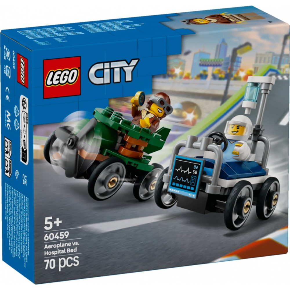 Klossar city 60459 racerbilset flygplan mot sjukhussäng