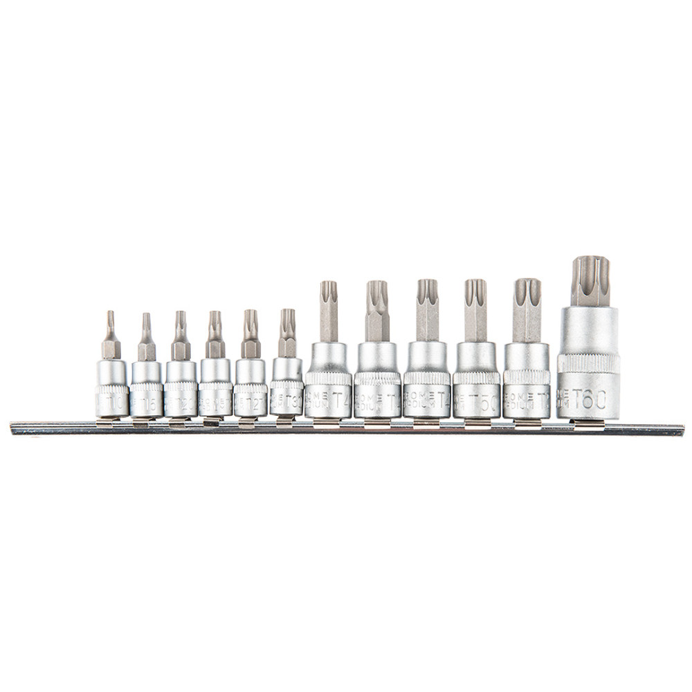 Torx-bitar på fäste 1/4, 3/8, 1/2 tum, set med 12 stycken. Torx-bitar på fäste 1/4, 3/8, 1/2 tum, set med 12 stycken.