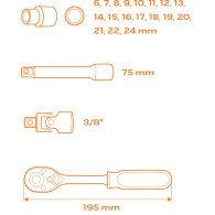 Hylsnyckelsats 3/8', 22 delar, insats
