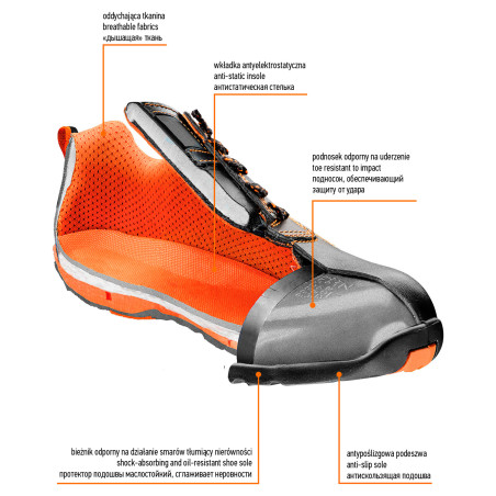 Arbetsskor i läder med stålhätta, storlek 44.
