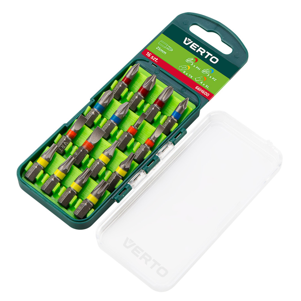 Zestaw bitów 16 szt., 25 mm - 3 x PH, 3 x PZ, 4 x SL, 6 x TX Zestaw bitów 16 szt., 25 mm - 3 x PH, 3 x PZ, 4 x SL, 6 x TX
